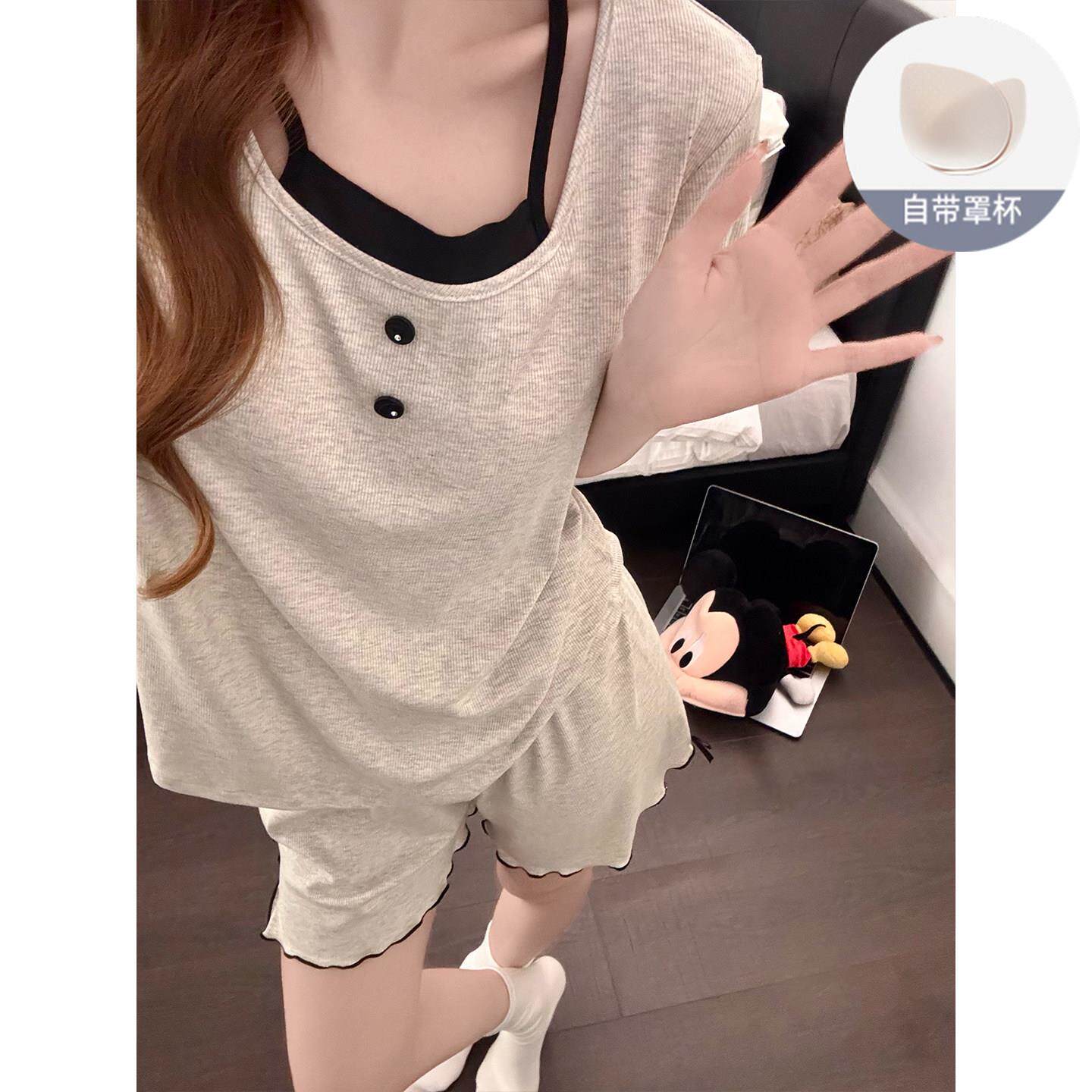 睡衣女带胸垫莫代尔假两件短袖夏季2026新款灰色短裤家居服两件套