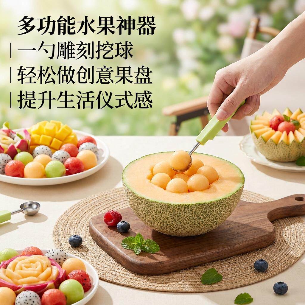 挖水果球勺子三合一挖西瓜球圆球挖球勺瓜瓤雕花刀挖球器分割器