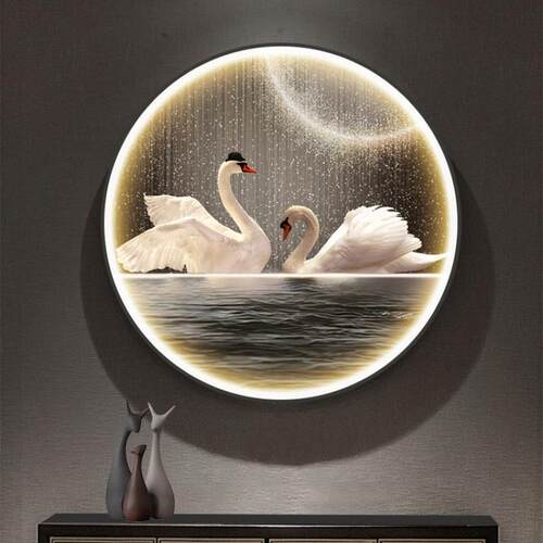 现代轻奢主卧室床头装饰画天鹅led灯画 简约圆形挂画玄关走廊壁画