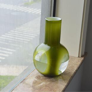 中古玻璃花瓶复古橄榄绿透窗工艺圆肚花瓶插花摆件家居软装创意