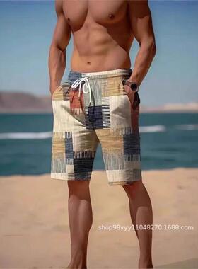 Mens Beach Shorts Casual 2026 Summer Vintage Patchwork