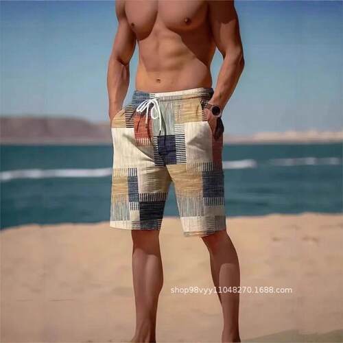 Mens Beach Shorts Casual 2026 Summer Vintage Patchwork