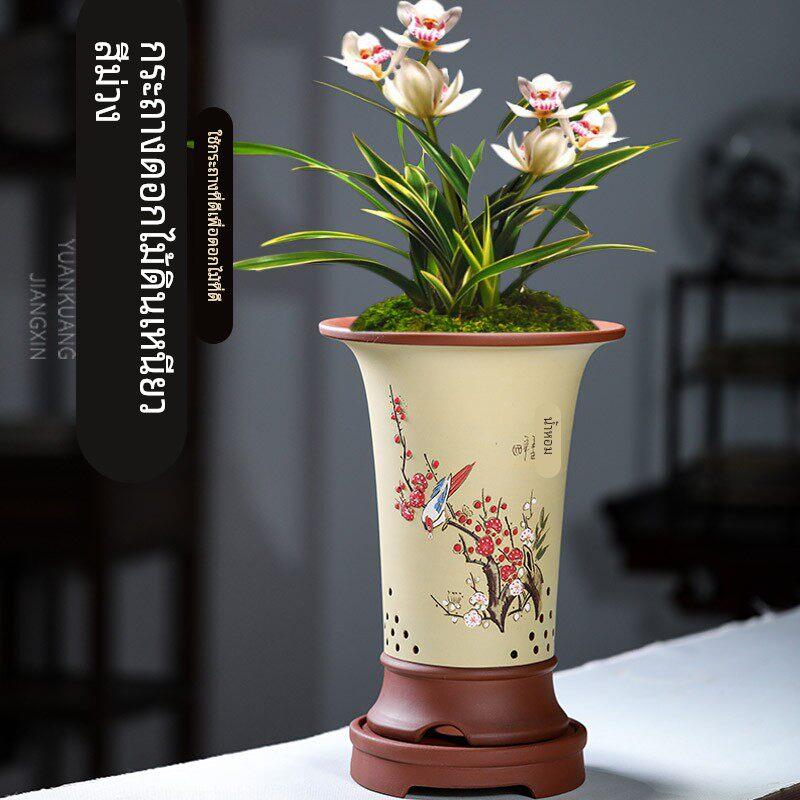 宜兴紫砂花盆精品花盆兰花盆桌面绿植古典花盆手工刻绘圆形
