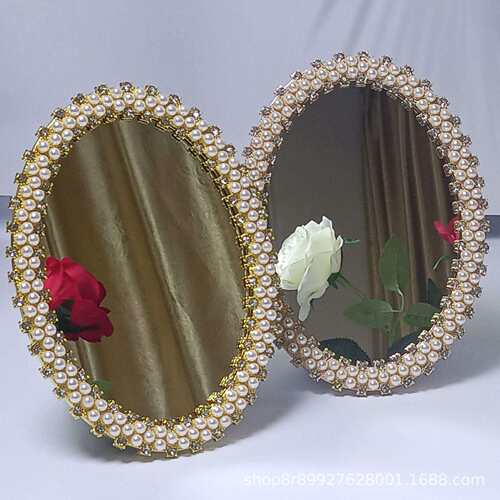 新款时尚镶嵌珍珠化妆镜，梳妆镜田园金属台式梳妆镜复古双面梳妆