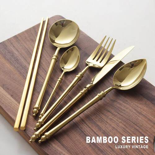 Knife Fork Spoon Set with Chopsticks Gold Bamboo Design