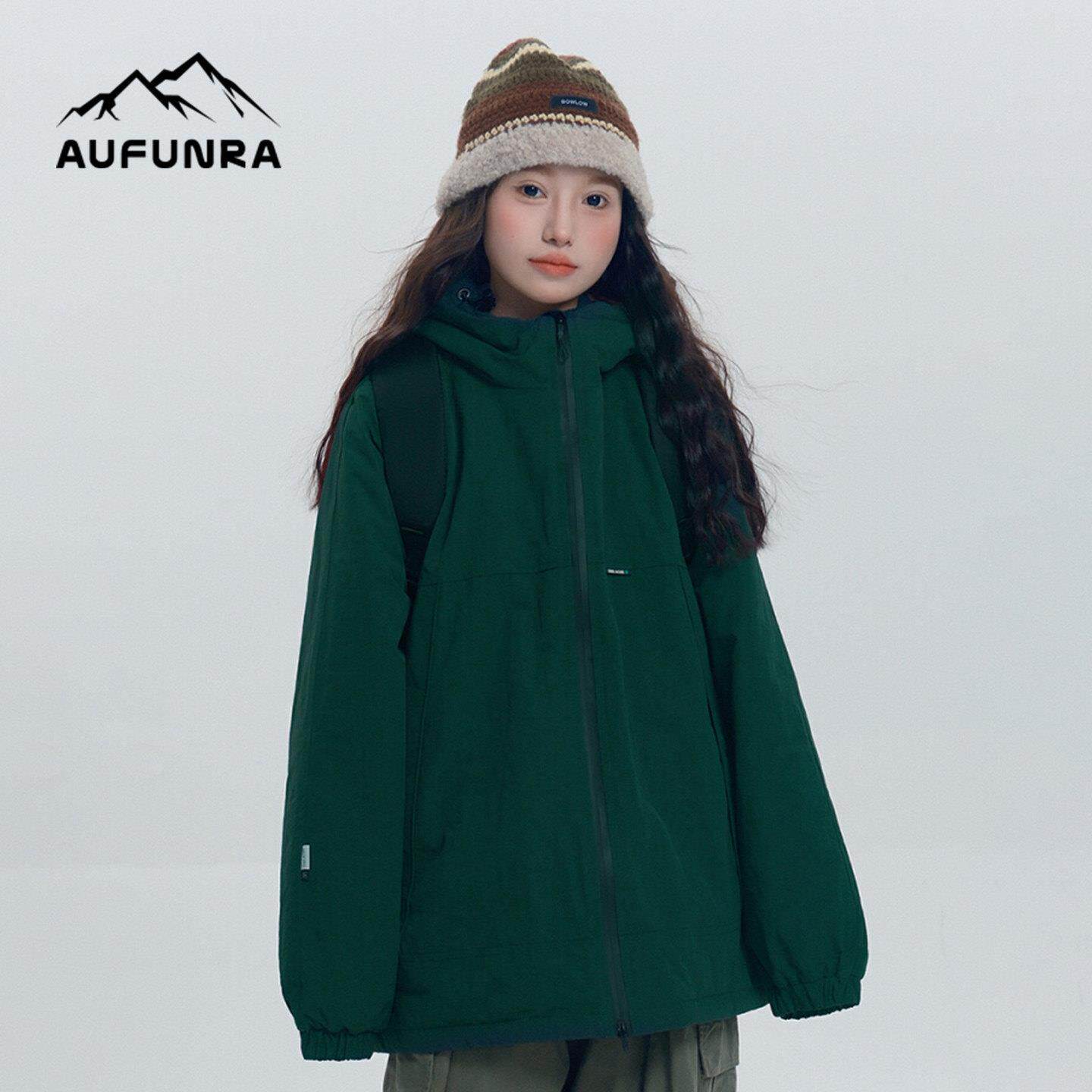 AUFUNRA秋冬防风一体式加厚冲锋衣男女同款保暖机能风面包服外套