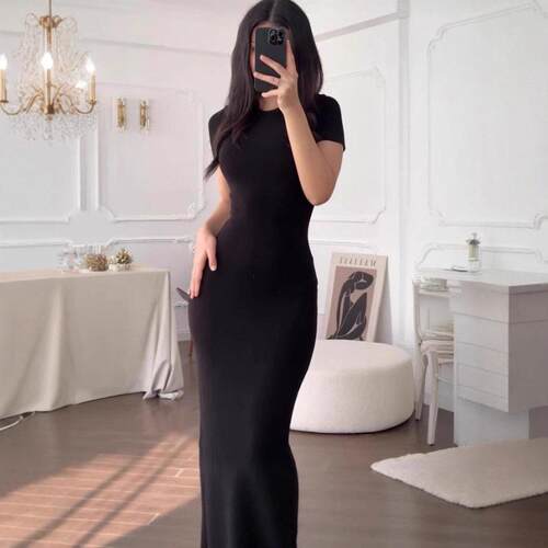 Women's Black Crew Neck Short Sleeve Maxi Dress Slim-Fit