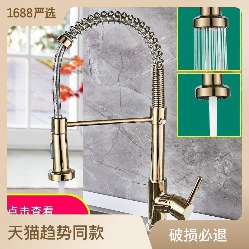 DANWEILE跨境全铜弹簧水龙头厨房水槽可旋转抽拉喷漆黑色金色带点