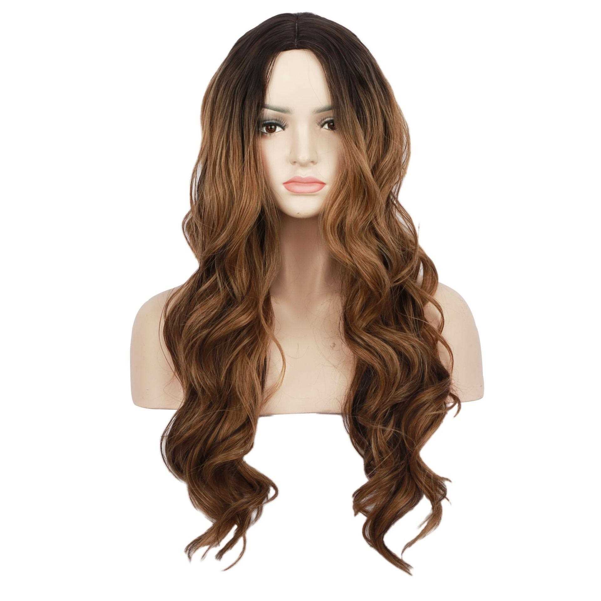 新款直销跨境欧人假发女渐变棕色时尚长卷发假发化纤机制头套wigs