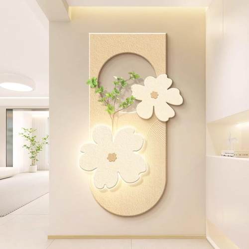 奶油风入户玄关装饰画简约led灯画绿植花卉实物壁画走廊过道挂画
