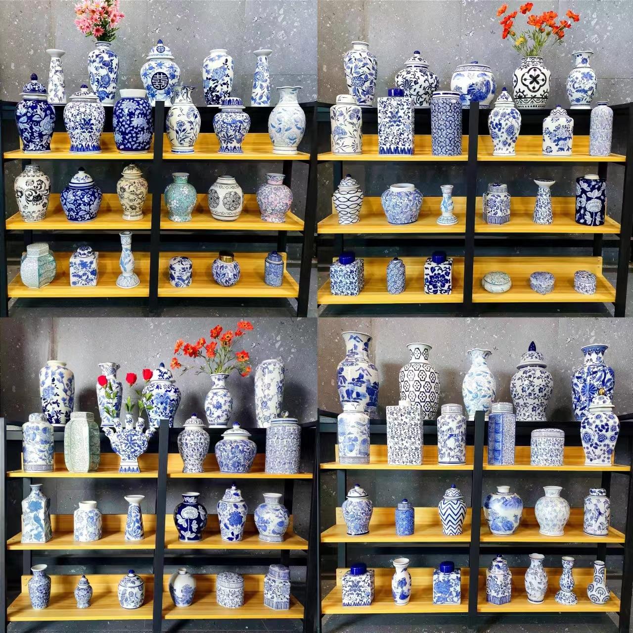 新中式青花瓷陶瓷花瓶外贸花器客厅卧室玄关装饰花插手绘工艺手工
