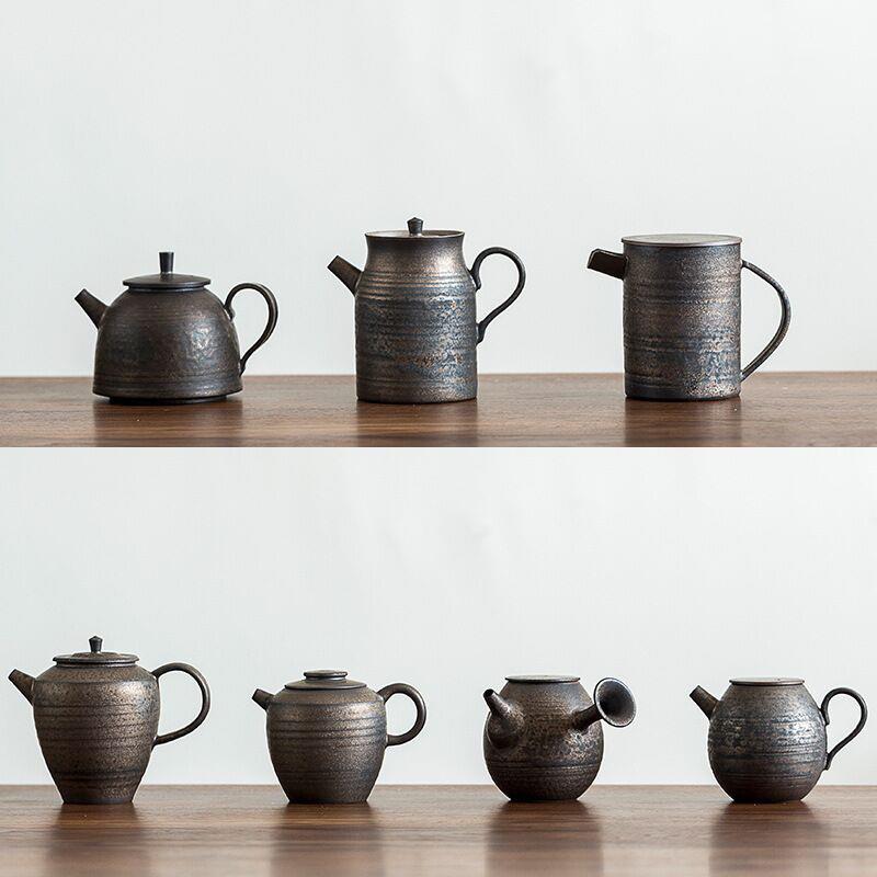 鎏金釉茶壶 日式手工铁锈釉茶壶陶瓷单壶粗陶侧把壶茶道功夫茶具