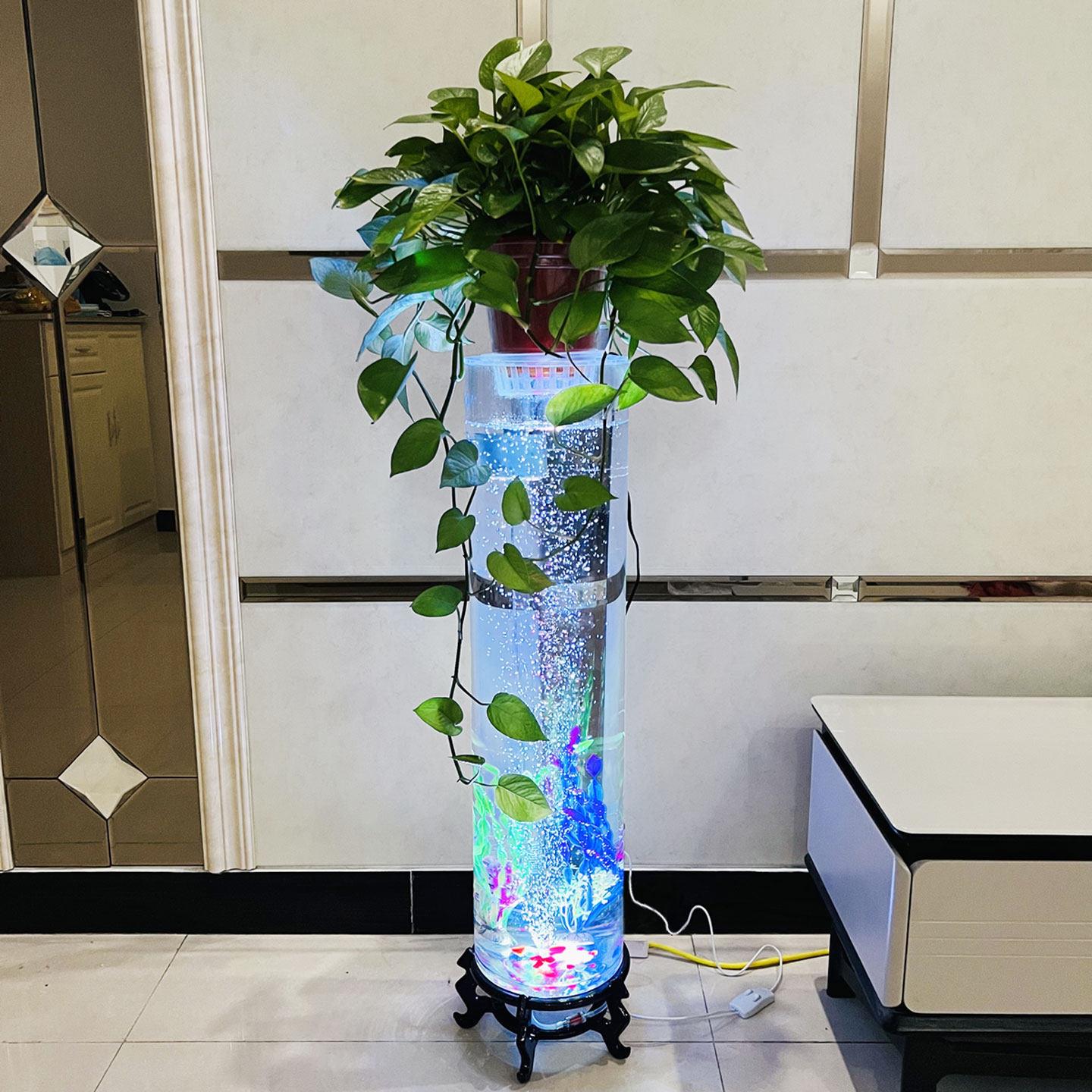 大小圆柱形鱼缸客厅加厚超白玻璃金鱼缸桌面灯光静音充氧鱼缸造景