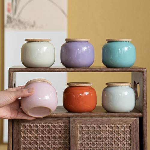 陶瓷家用迷你茶叶罐密封储物罐小号色釉复古便携茶叶罐子竹盖小圆