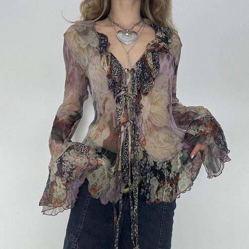 Bohemian Chic| Y2K-Inspired Floral Tie-Dye Mesh Blouse with