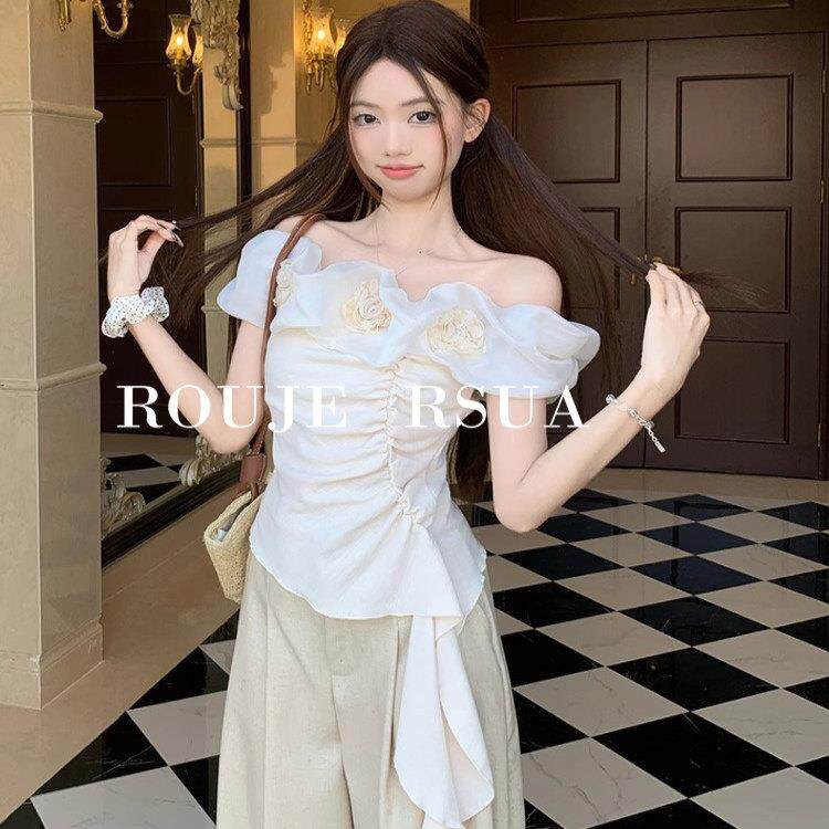 ROUJE RSUA法式夏季一字肩衬衫褶皱不规则纯欲风立体花朵上衣女