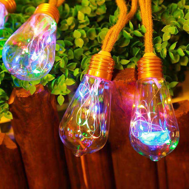 太阳能麻绳灯串庭院铜线灯球泡户外防水露营装饰圣诞彩灯民宿