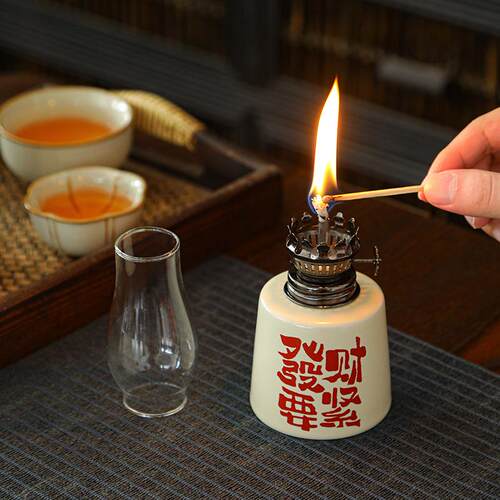 陶瓷手绘兰花酥油灯户外露营氛围照明灯家用中式复古煤油灯装饰品