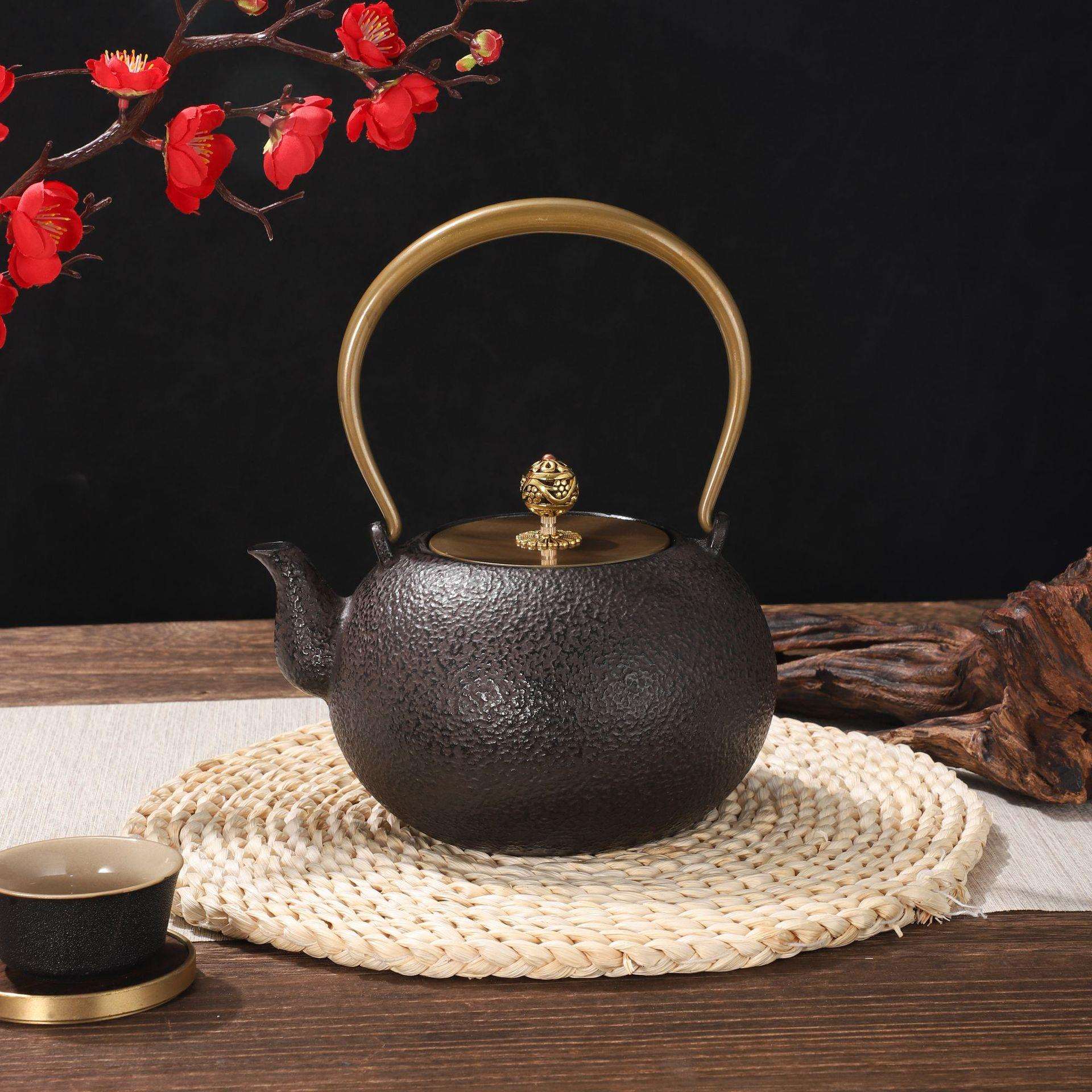 冰裂款茶壶提梁围壶煮茶具茶日式奶油风锤纹茶壶野炊家用铸铁茶壶