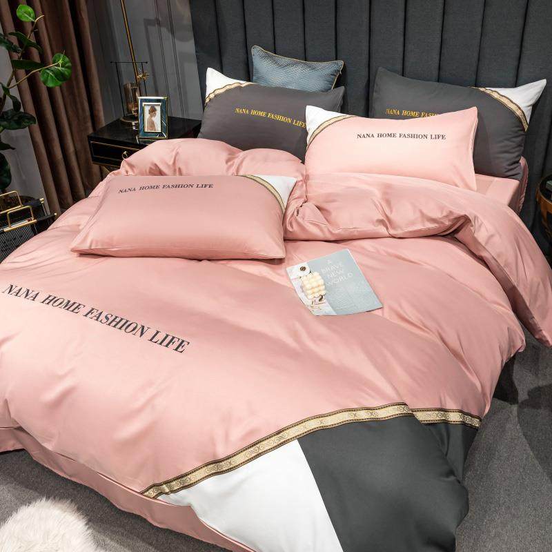 正品拼色刺3绣欧磨毛四件套4三套床上用品北ins风单人件床笠床单