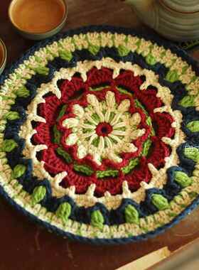 纯手工钩编钩复形古圆茶托餐针垫盘垫绿*曼陀罗*Cr411ochet