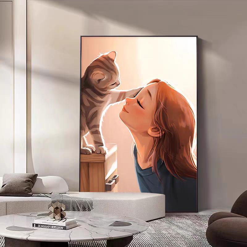 北欧女孩猫咪客厅装饰画温馨治愈系玄关走廊过道挂画小清新落地画图片