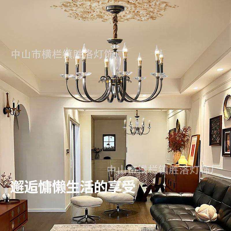 全铜法式中古美式复古拉丝黑色轻奢水晶蜡烛客厅卧室书房楼梯吊灯