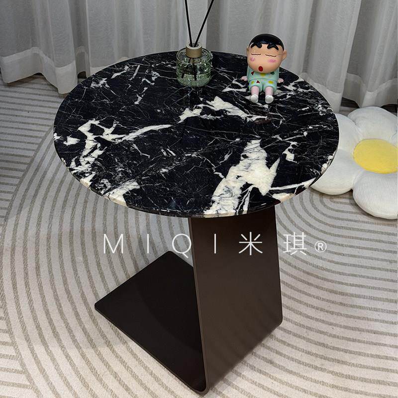 意式极简圆形奢石沙发边几轻奢设计师款铂金钻大理石角几客厅茶几