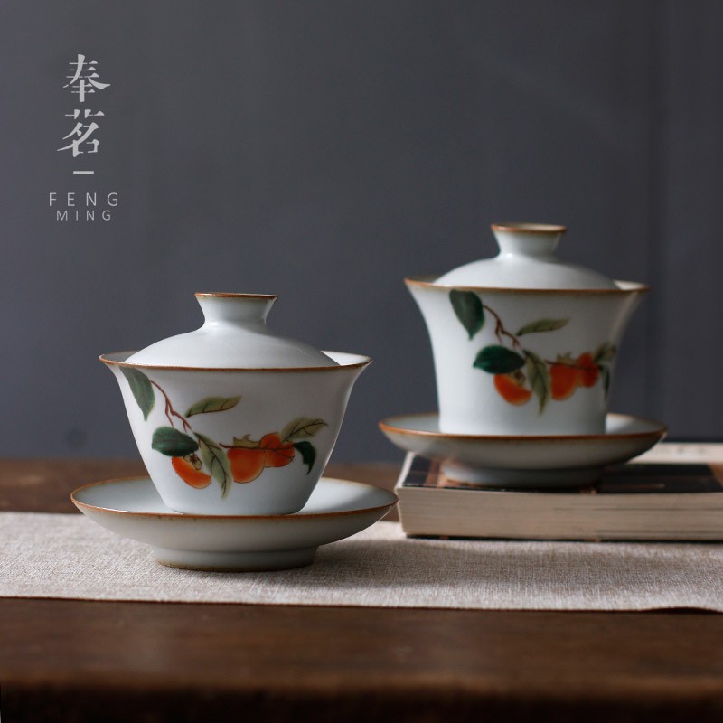 月白汝窑盖碗玉兰花三才杯泡茶碗冲茶盖碗茶碗功夫茶具柿子诗词