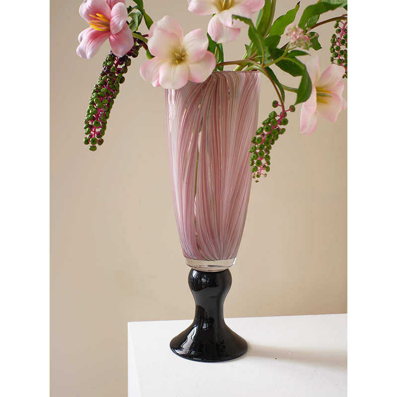 粉色肌理高脚琉璃花瓶法式复古风灯轻奢高档客厅艺术花器插花摆件,家居饰品,花瓶,淘宝优惠券,粉丝福利购,淘宝优惠卷