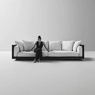 意式极简实木黑白条纹布艺沙发三人位中古风复古大户型四人位沙发