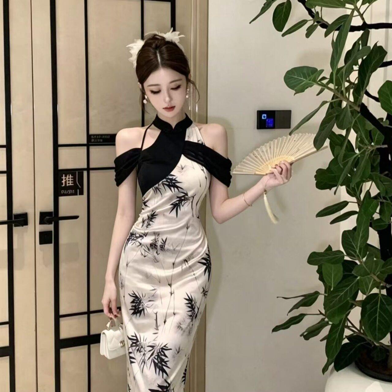 新中式国风改良旗袍连衣裙女夏季高级性感露肩挂脖晚礼服包臀长裙