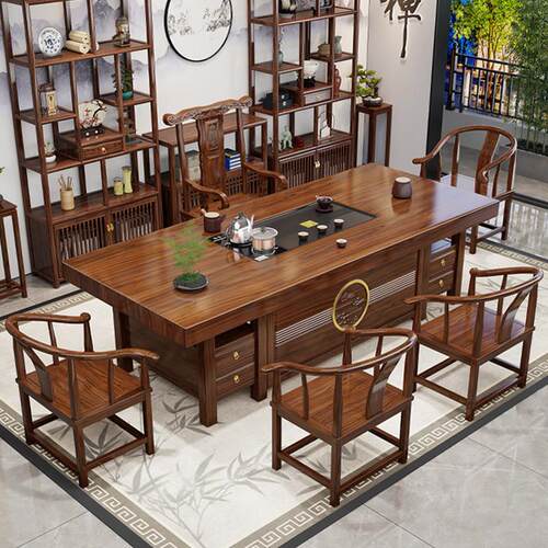 实木大板茶桌椅组合一桌五椅新中式家用茶几办公室茶台茶具一整套