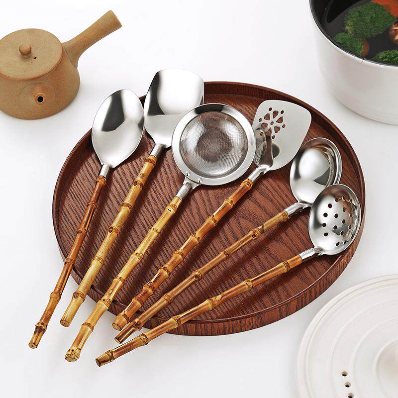 天然竹柄304不锈钢汤勺日式拉面勺网红厨具网漏勺迷你煎铲公用勺