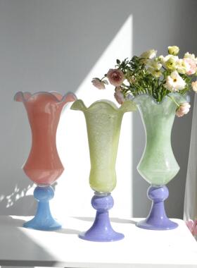 Vinage复古风中古法式餐桌摆花瓶手工琉脚璃高花器件插高脚蓝紫花