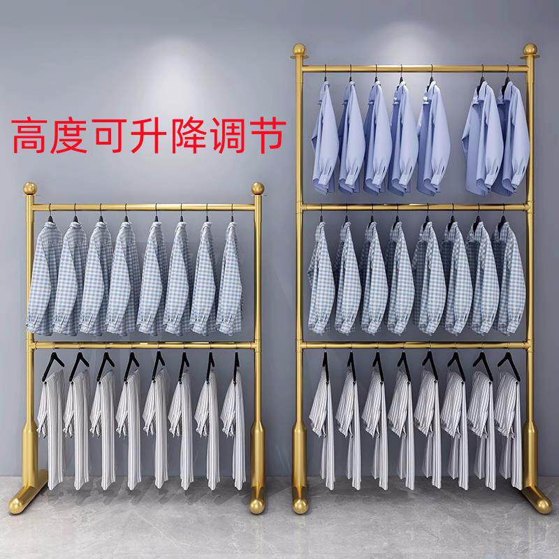可伸收双层挂衣架服装店展示架家用阳台晾晒衣杆上下多层落地衣架