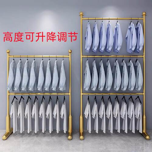 可伸收双层挂衣架服装店展示架家用阳台晾晒衣杆上下多层落地衣架