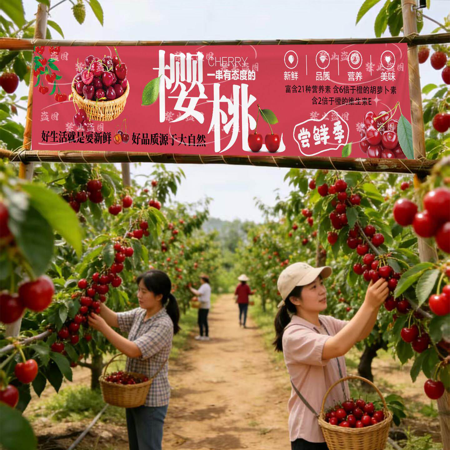 樱桃采摘园网红广告招牌定制横幅樱桃园直销零售农场大棚广告挂布