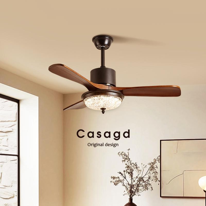 中古风胡桃木卧室吸顶风扇灯家用高级感复古实木餐厅吊扇灯casagd
