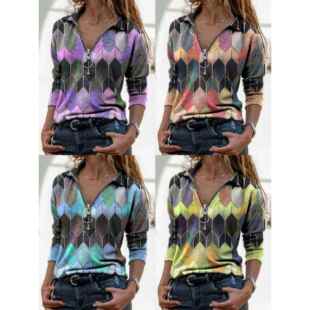 women collar top zipper Large printed size