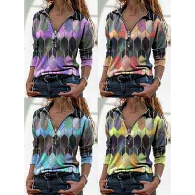 Large size women's collar, women's top, printed zipper