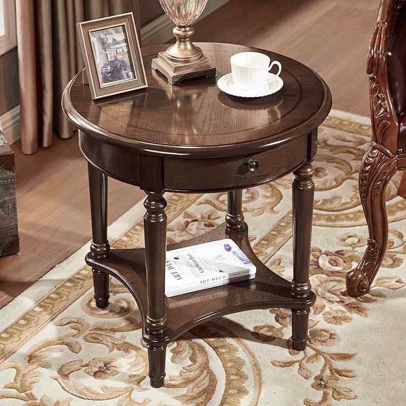 沙发边几 美式复古小茶桌可移动中古风圆形阳台咖啡桌子实木角机
