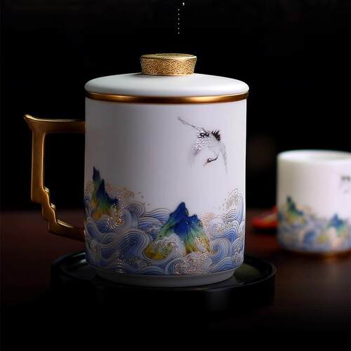 渡景山房羊脂玉白瓷高端办公杯陶瓷茶水分离泡茶杯高档送客户领导