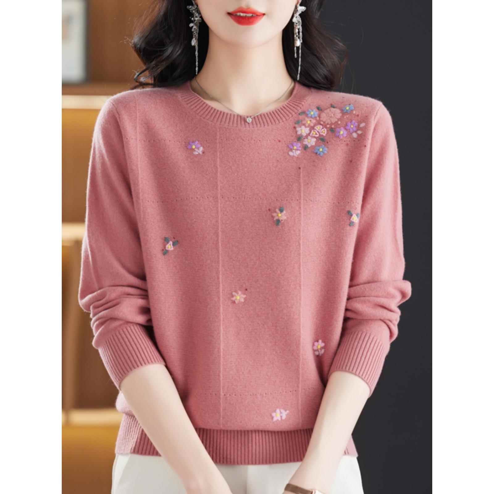 秋冬100%纯羊绒衫上衣洋气绣花中老年妈妈加肥加大码女装圆领毛衣