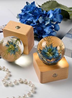 厂家触摸充电蓝色黑种草夜灯小夜灯木质树脂水晶球送女友节日礼物