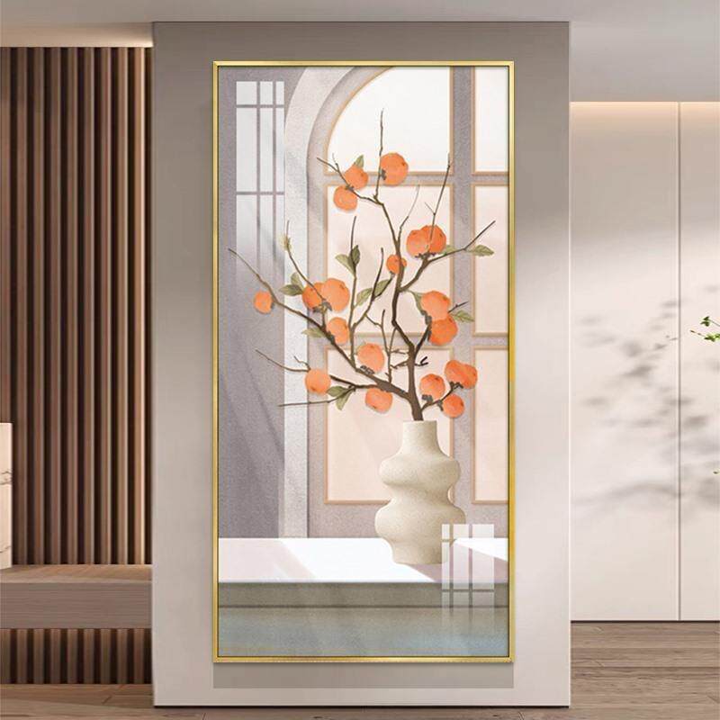 奶油风玄关装饰画入户正对门挂画现代简约柿子客厅走廊过道壁画灯