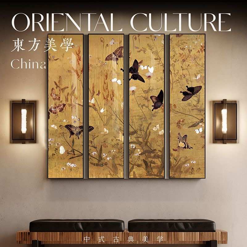 中式古典梅花鸟四联条屏客厅挂画中复古风酒店民宿背景墙壁装饰画