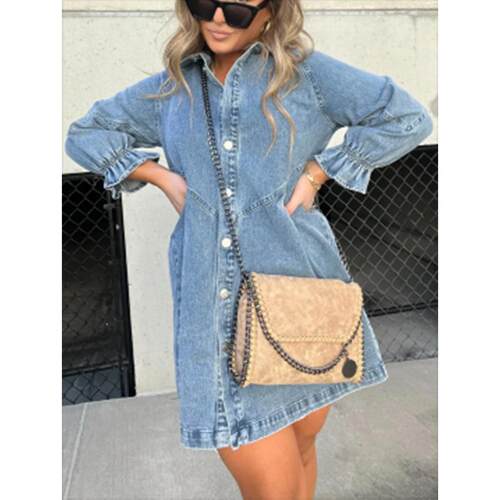 Washed Denim Puff Sleeve Mini Dress – Short-Length Collared
