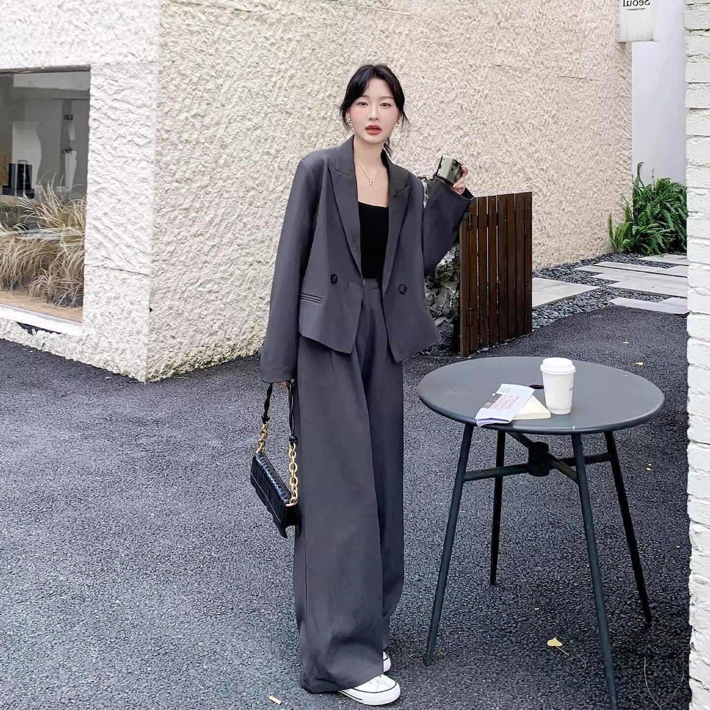 法国Rouje Moaks韩系西服套装女2026春秋季职业西装阔腿裤两件套