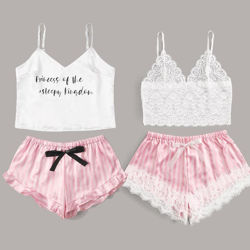 V-neck printed bra suspender pajamas 女式V领印花文胸吊带睡衣